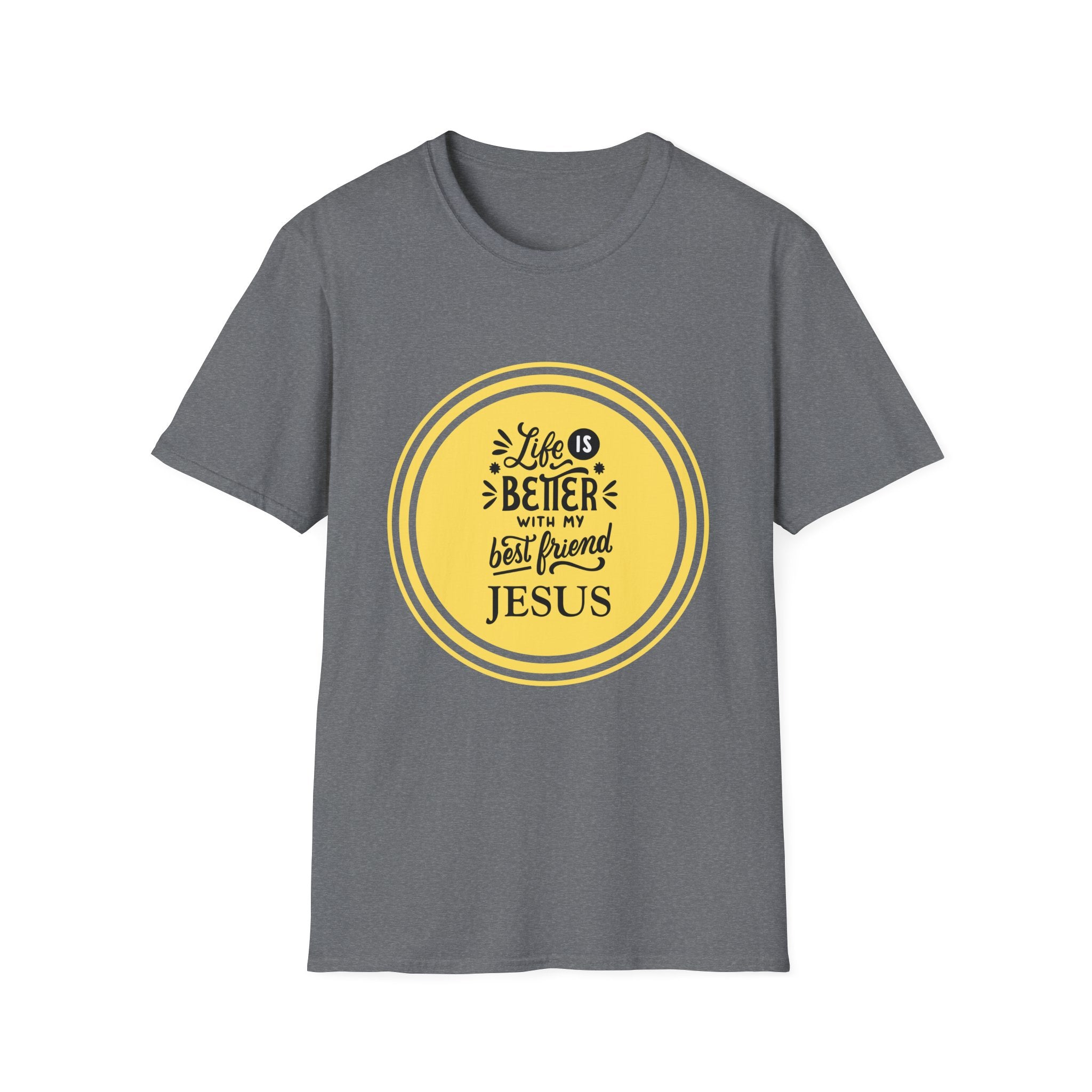 Christian T‑Shirt – “Life Is Better With My Best Friend Jesus” Yellow Circle Tee