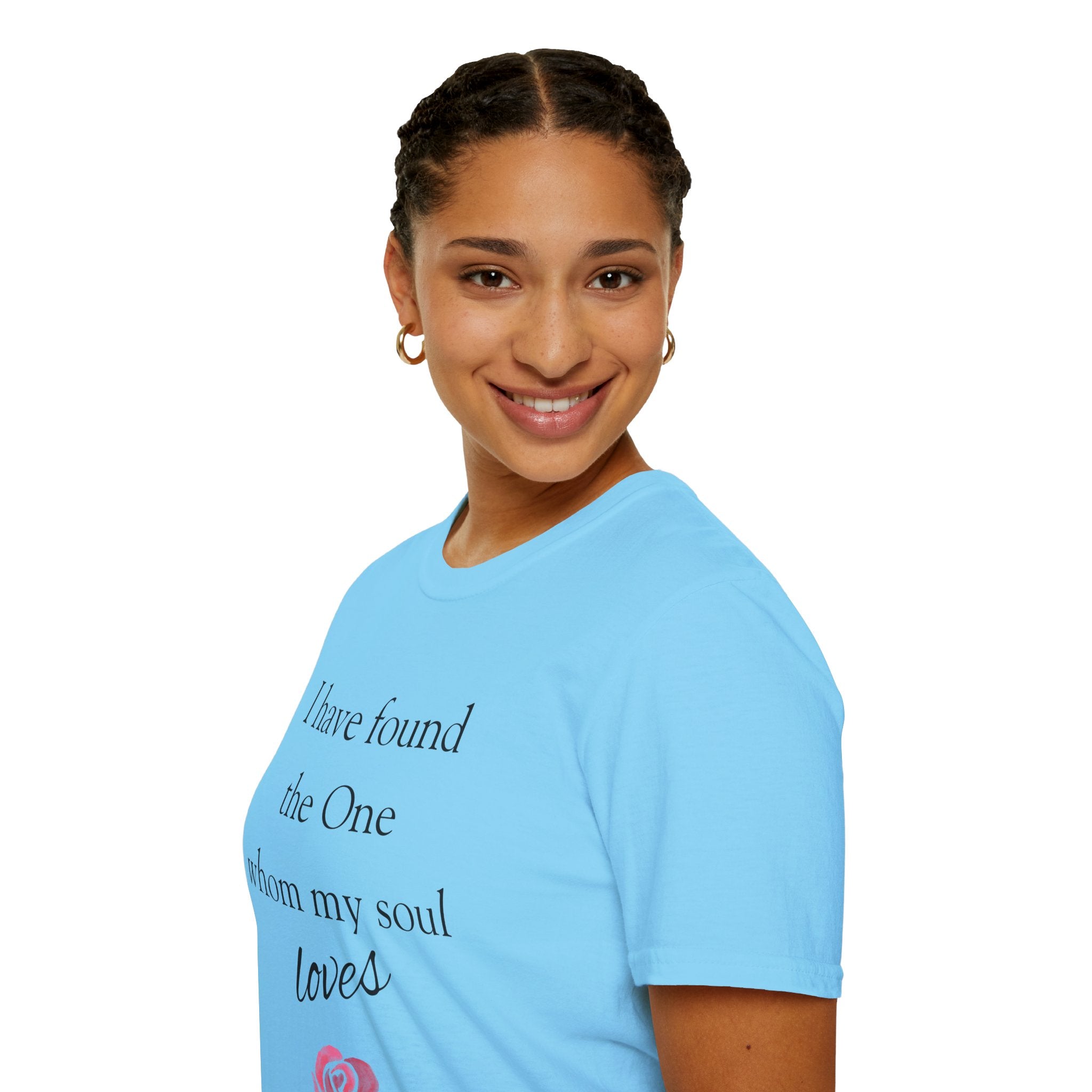 'I Have Found The One Whom My Soul Loves' T-Shirt — Script Text with Pink Rose (Song of Solomon)