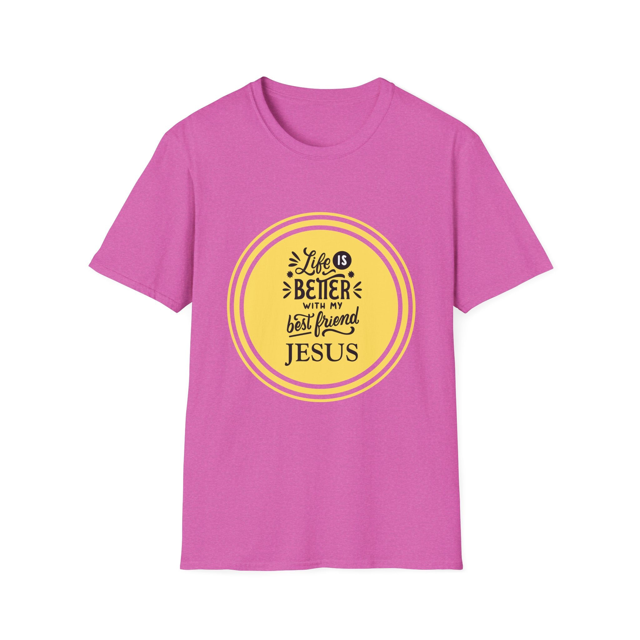 Christian T‑Shirt – “Life Is Better With My Best Friend Jesus” Yellow Circle Tee