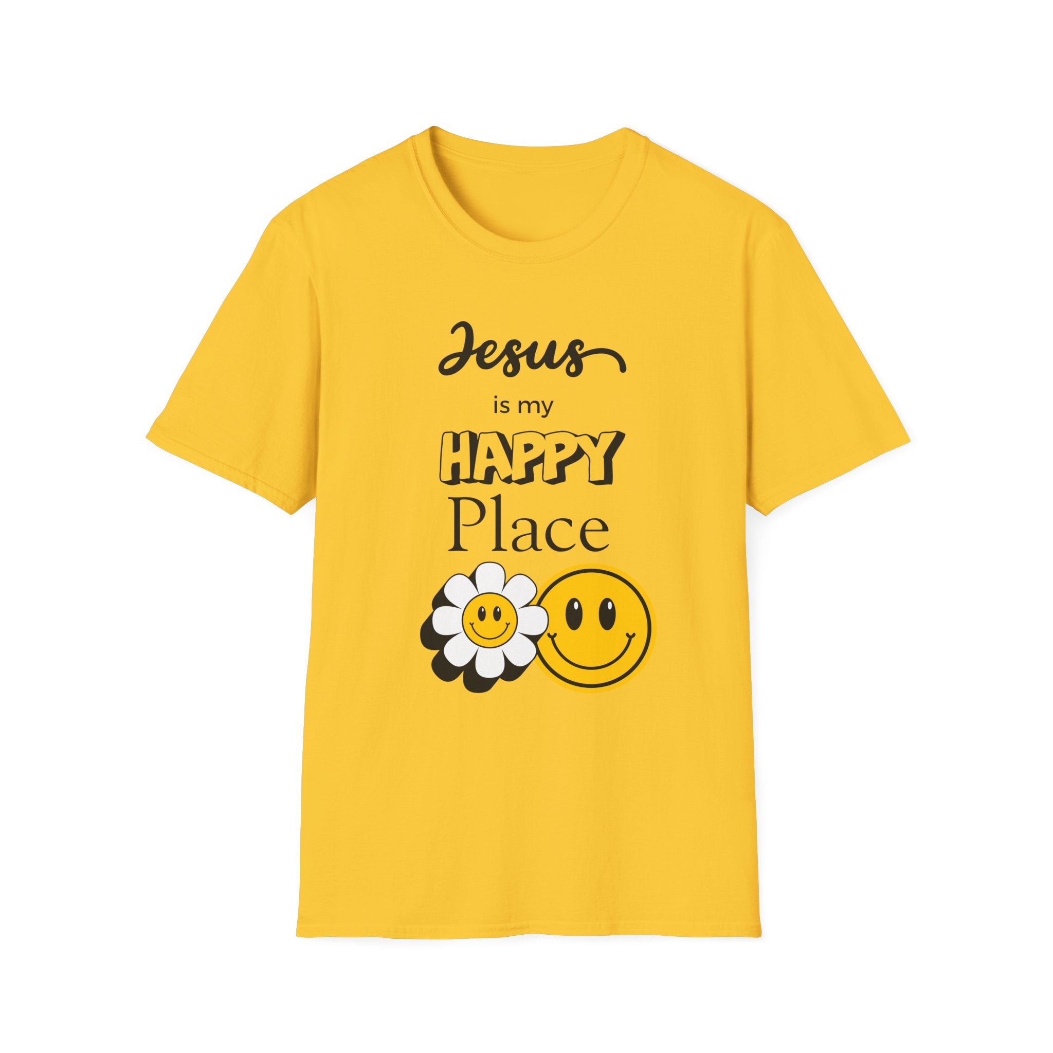 Jesus Is My Happy Place T-Shirt — Christian Faith Smiley Daisy