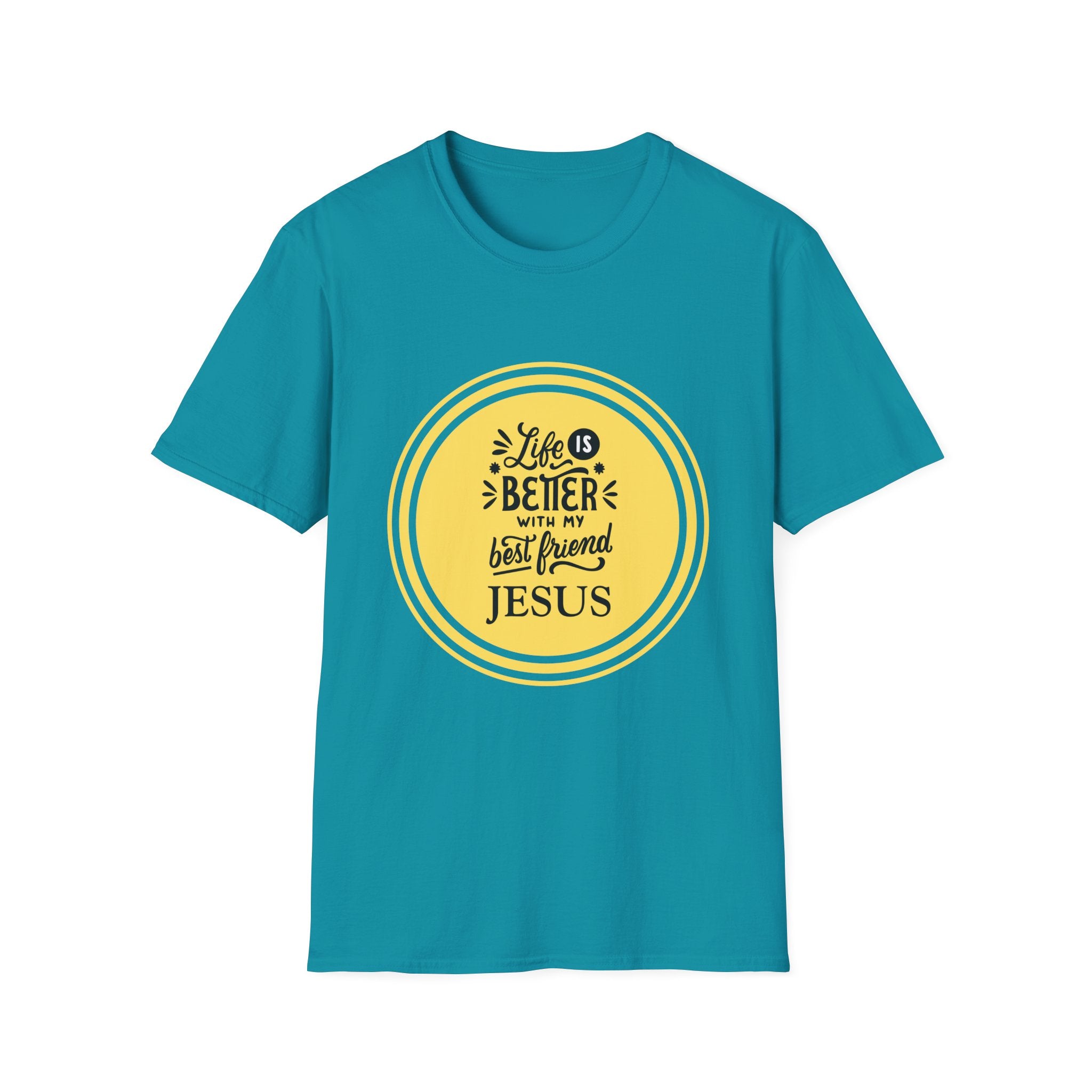 Christian T‑Shirt – “Life Is Better With My Best Friend Jesus” Yellow Circle Tee