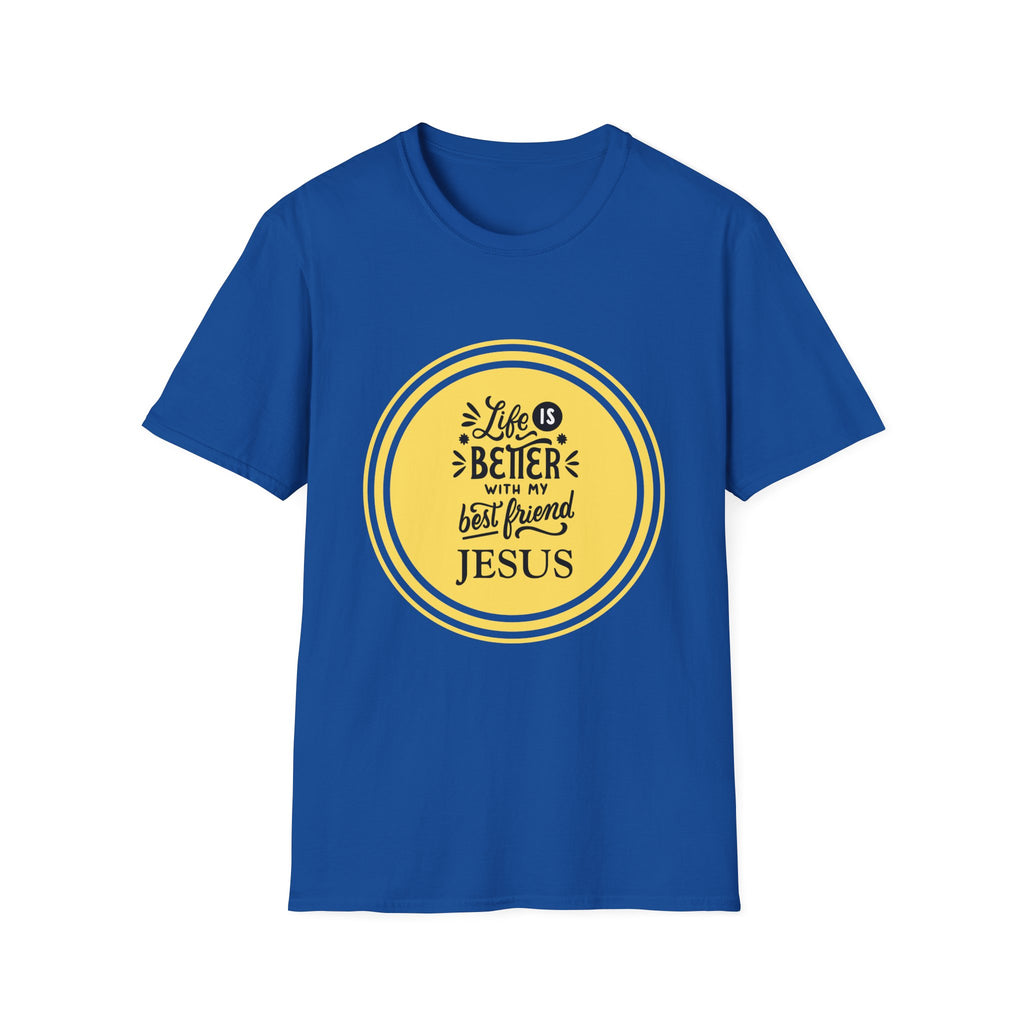 Christian T‑Shirt – “Life Is Better With My Best Friend Jesus” Yellow Circle Tee
