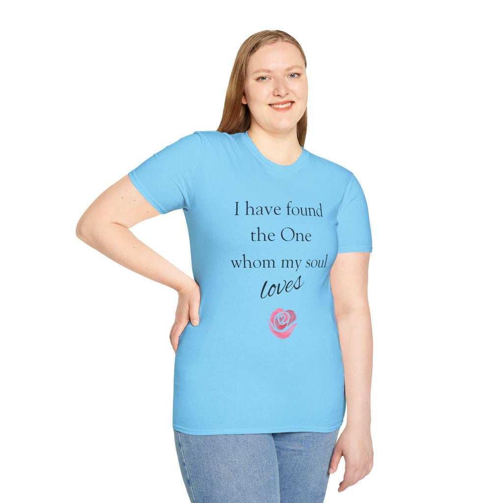 'I Have Found The One Whom My Soul Loves' T-Shirt — Script Text with Pink Rose (Song of Solomon)