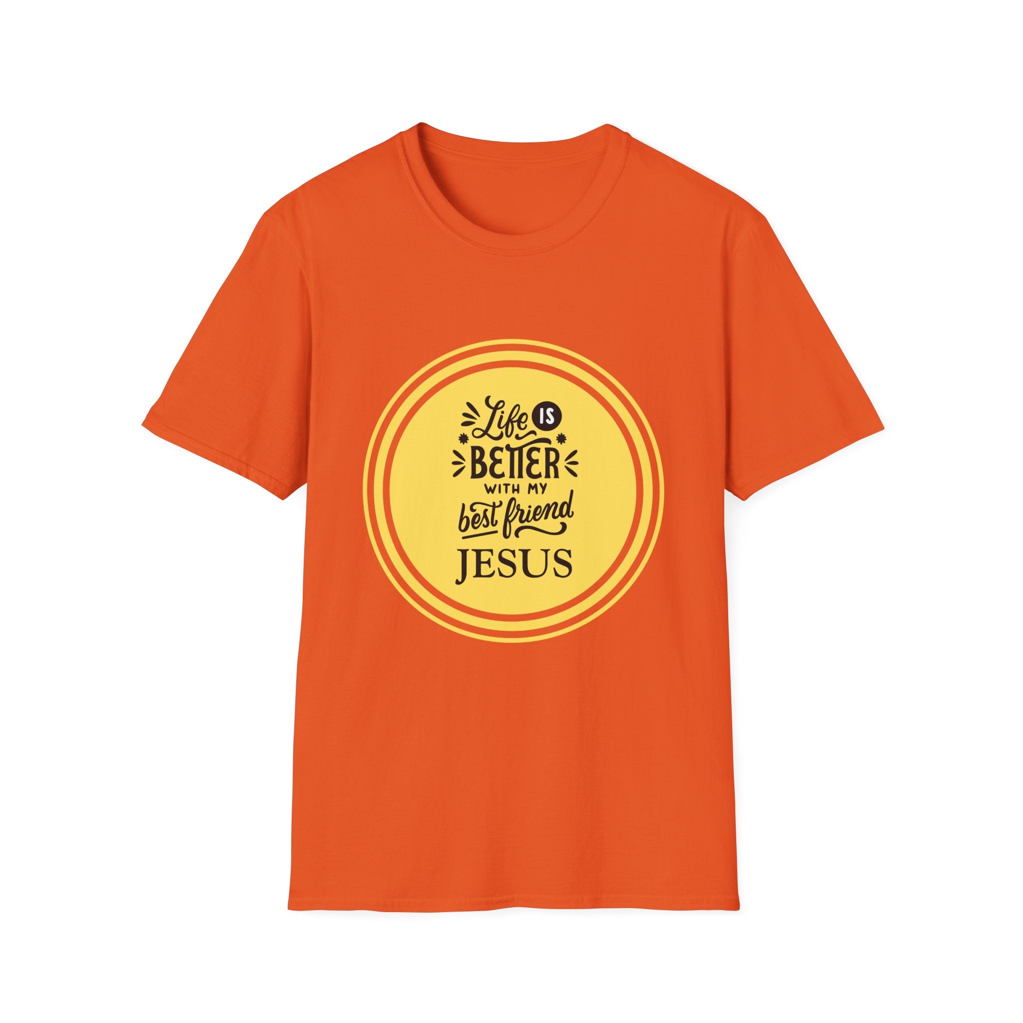 Christian T‑Shirt – “Life Is Better With My Best Friend Jesus” Yellow Circle Tee