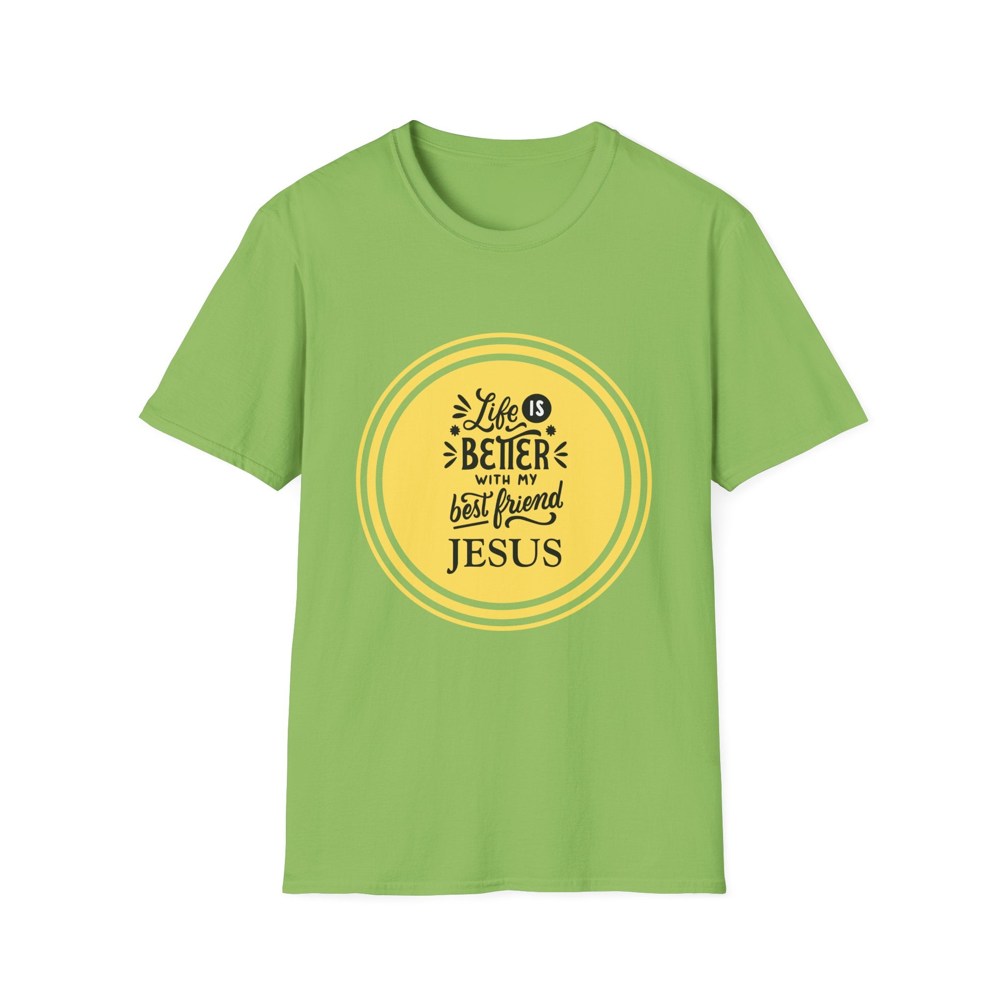 Christian T‑Shirt – “Life Is Better With My Best Friend Jesus” Yellow Circle Tee