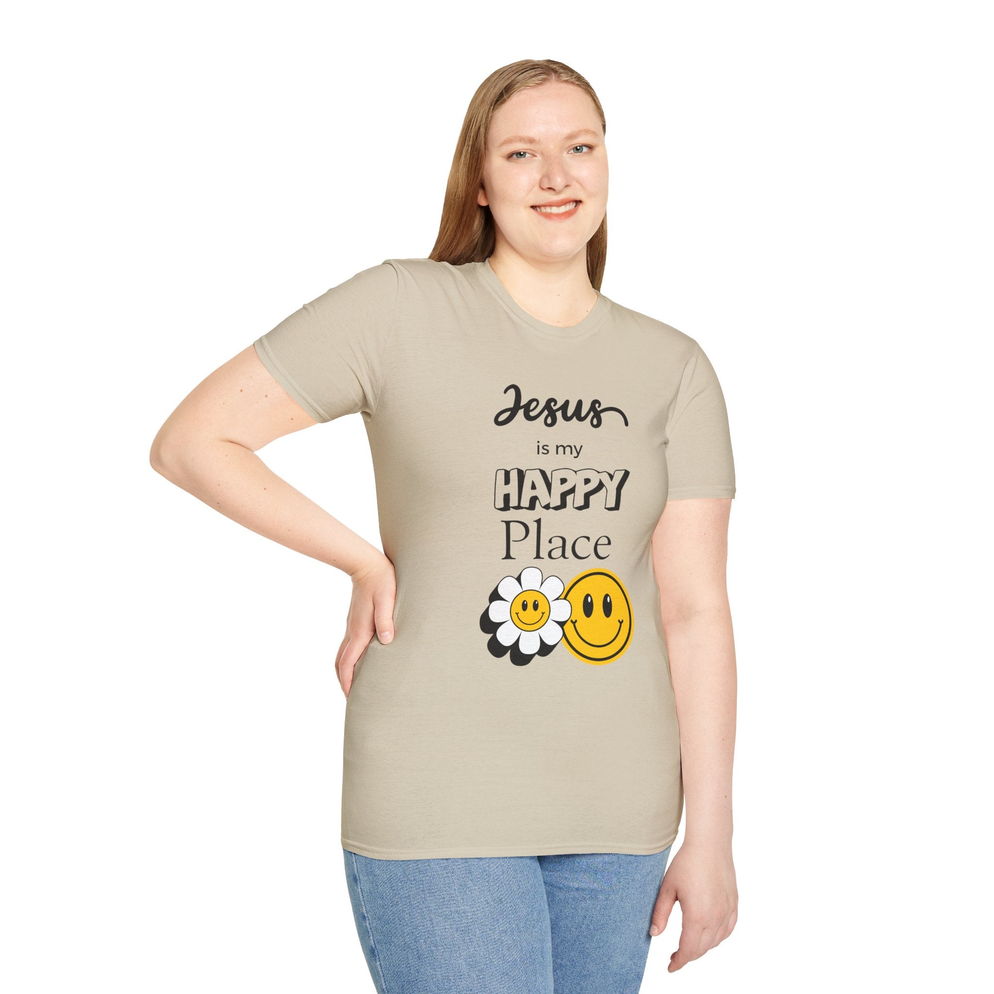 Jesus Is My Happy Place T-Shirt — Christian Faith Smiley Daisy